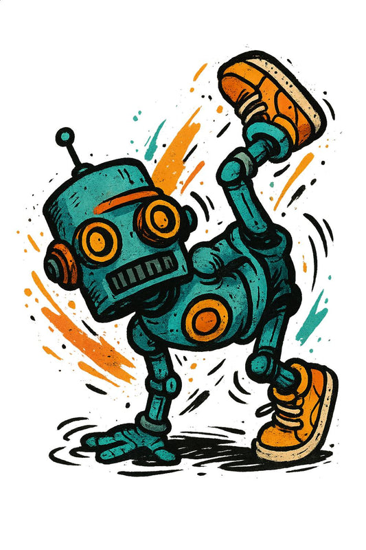 Colorful Retro Robot Art Print, Vintage Style Dancing Robot Illustration, Unique Wall Decor, Gift for Tech Enthusiast