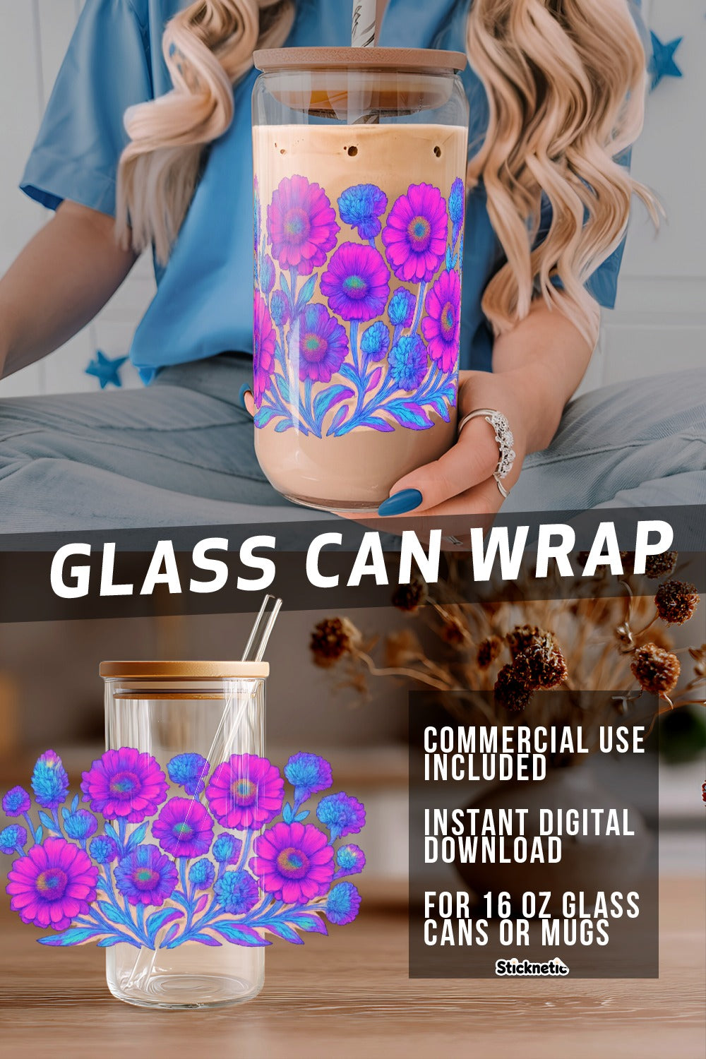 Floral Glass Can Wrap SVG, Digital Download for 16 oz, Commercial Use, DIY Tumbler Design, Blue Flower Decal.