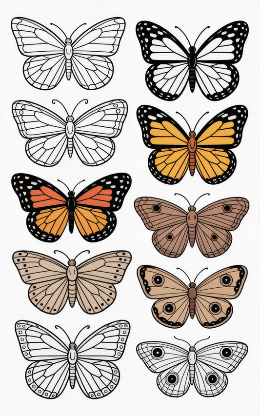 Butterfly Art Print Set, Black and White, Colorful Wall Decor, Nature Illustrations, Home Decoration, Insect Drawing Collection