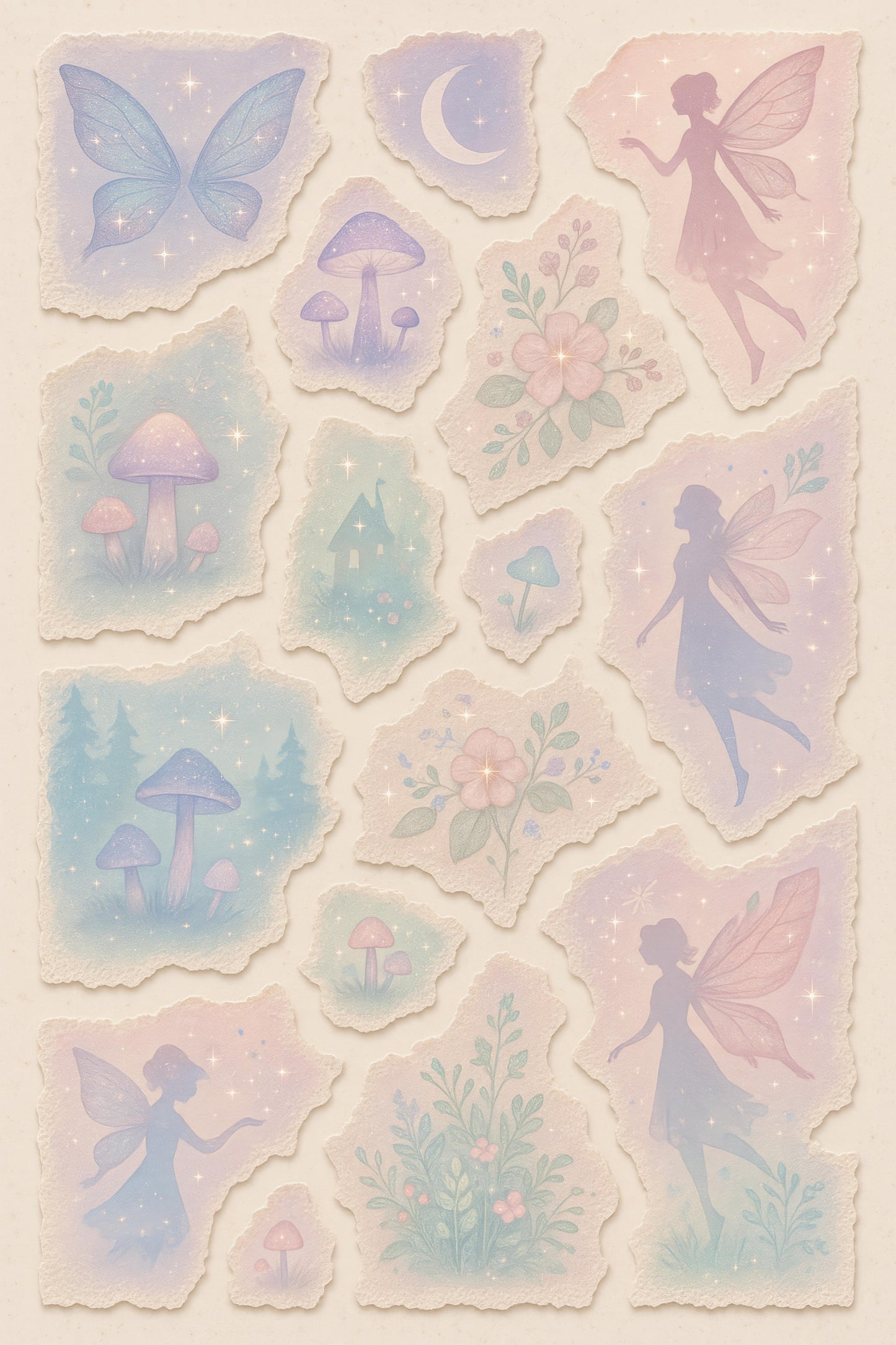Vintage-Inspired Fairy and Mushroom Stickers, Pastel Aesthetic, Scrapbooking, Bullet Journal, Enchanted Forest Decor, Gift for Fantasy