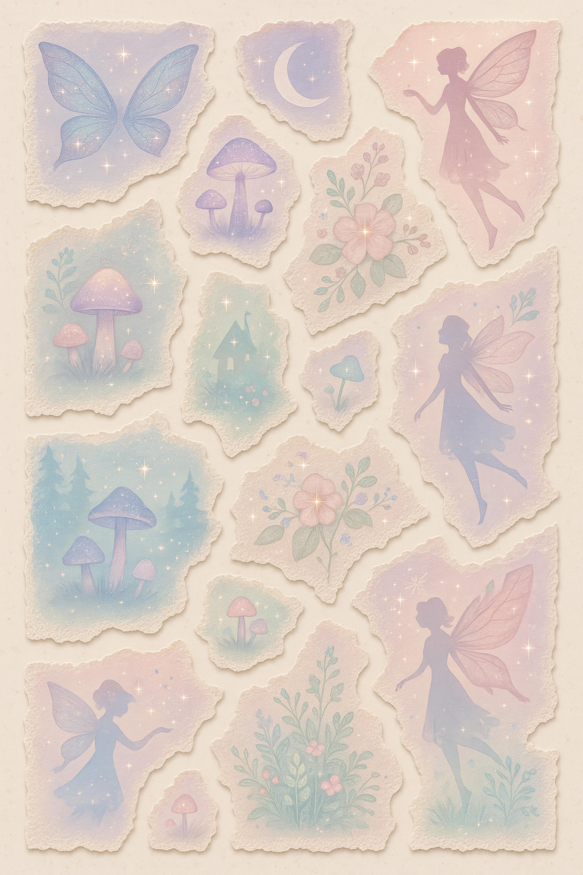 Vintage-Inspired Fairy and Mushroom Stickers, Pastel Aesthetic, Scrapbooking, Bullet Journal, Enchanted Forest Decor, Gift for Fantasy