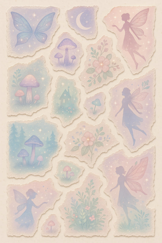 Vintage-Inspired Fairy and Mushroom Stickers, Pastel Aesthetic, Scrapbooking, Bullet Journal, Enchanted Forest Decor, Gift for Fantasy