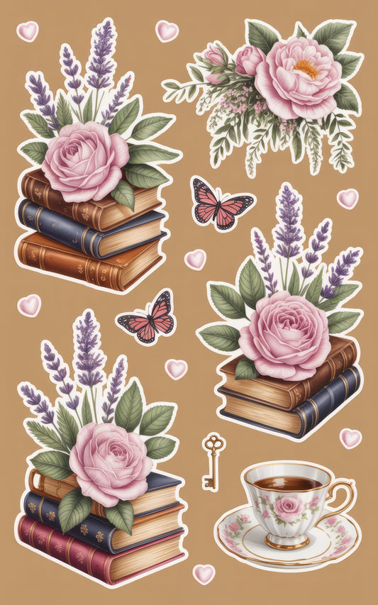 Vintage Floral Book Stickers, Lavender and Rose Designs, Butterfly Accents, Scrapbooking Supplies, Gift for Readers and Writers