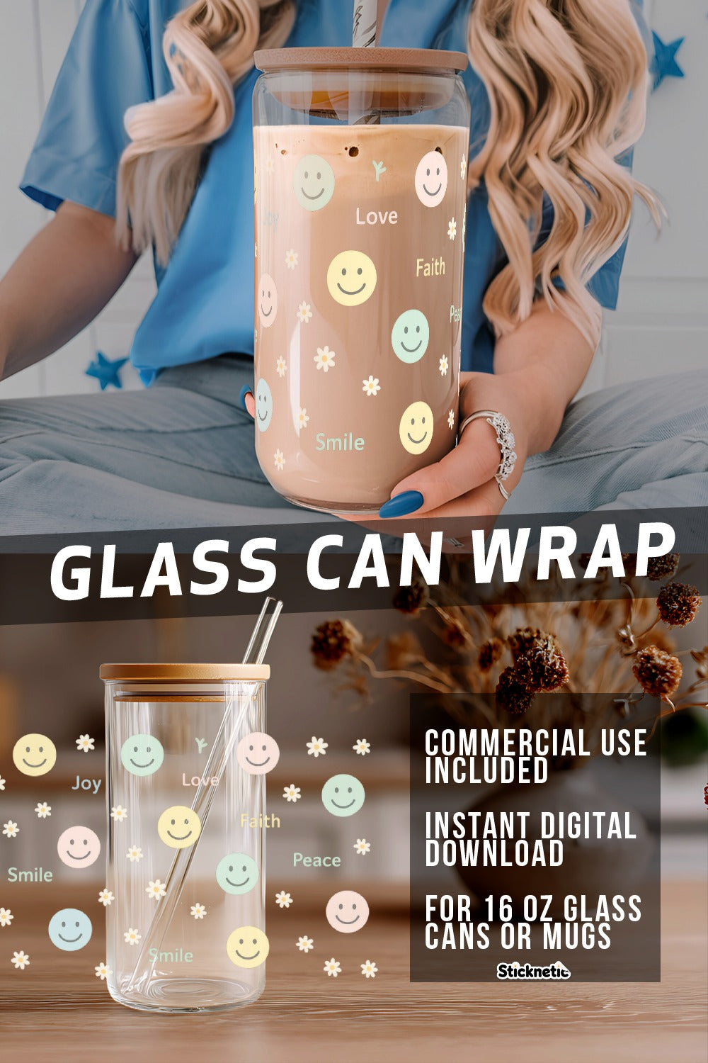 Smiley Face Glass Can Wrap, Instant Digital Download, Commercial Use, 16 oz Mug Decals, Joy Peace Love Design