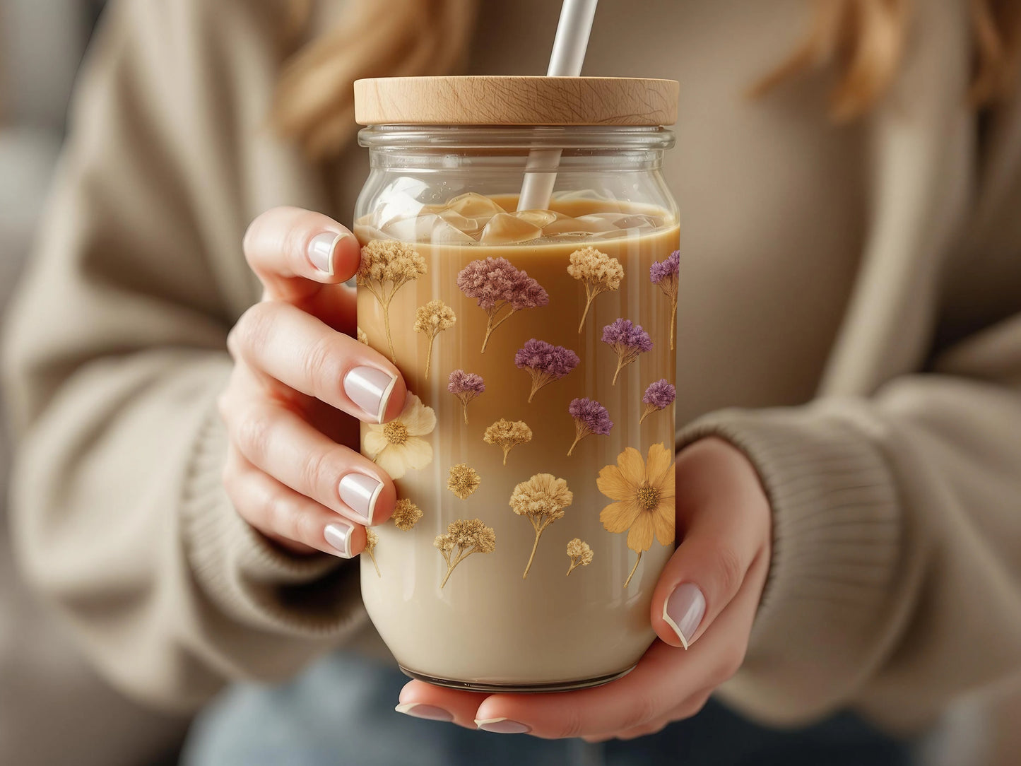 Floral Edible Flowers in Mason Jar Cold Brew Coffee, Unique Handcrafted Drink Accessory, Spring Beverage Decor