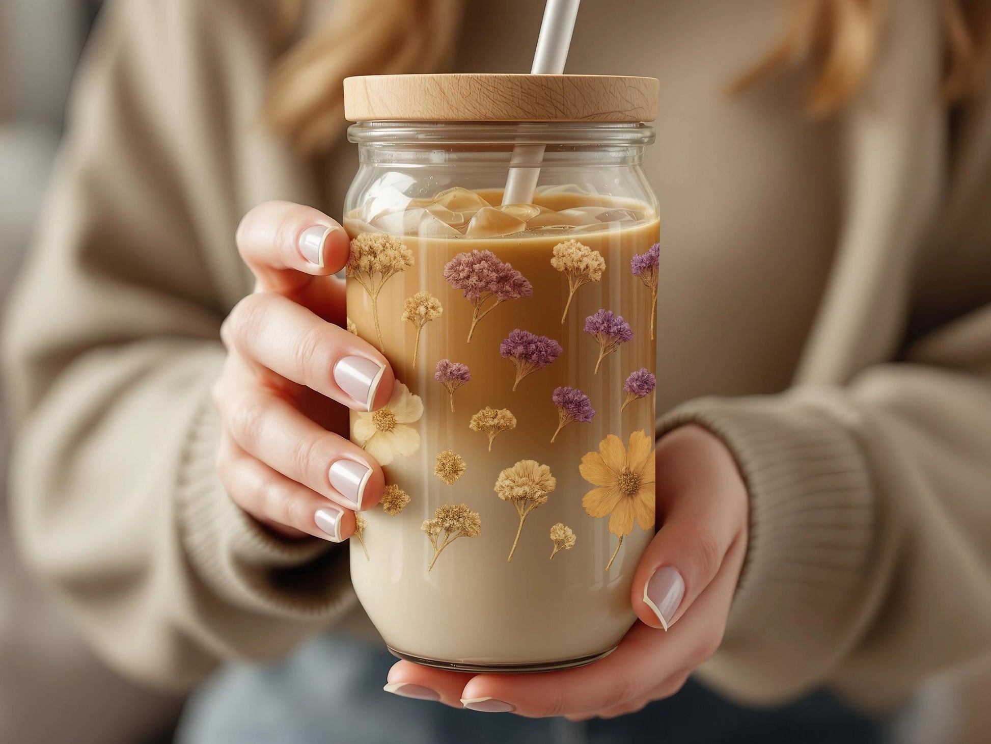 Floral Edible Flowers in Mason Jar Cold Brew Coffee, Unique Handcrafted Drink Accessory, Spring Beverage Decor