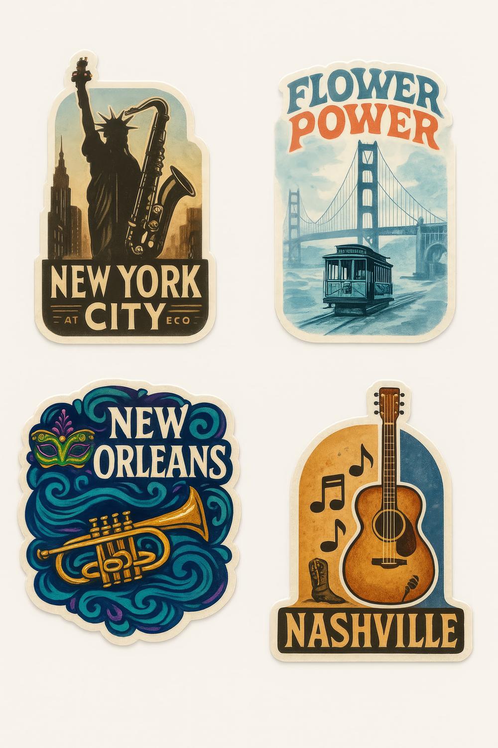 Vintage Style Travel Sticker Set, New York, San Francisco, New Orleans, Nashville, Decorative Laptop Decals.