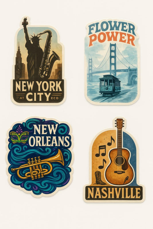 Vintage Style Travel Sticker Set, New York, San Francisco, New Orleans, Nashville, Decorative Laptop Decals.