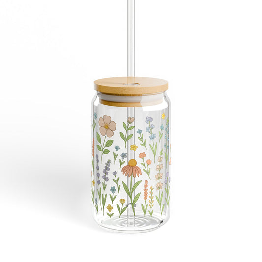 Floral Glass Storage Jar with Bamboo Lid, Kitchen Organization Decorative Container, Elegant Flower Design Clear Canister, Gift Idea