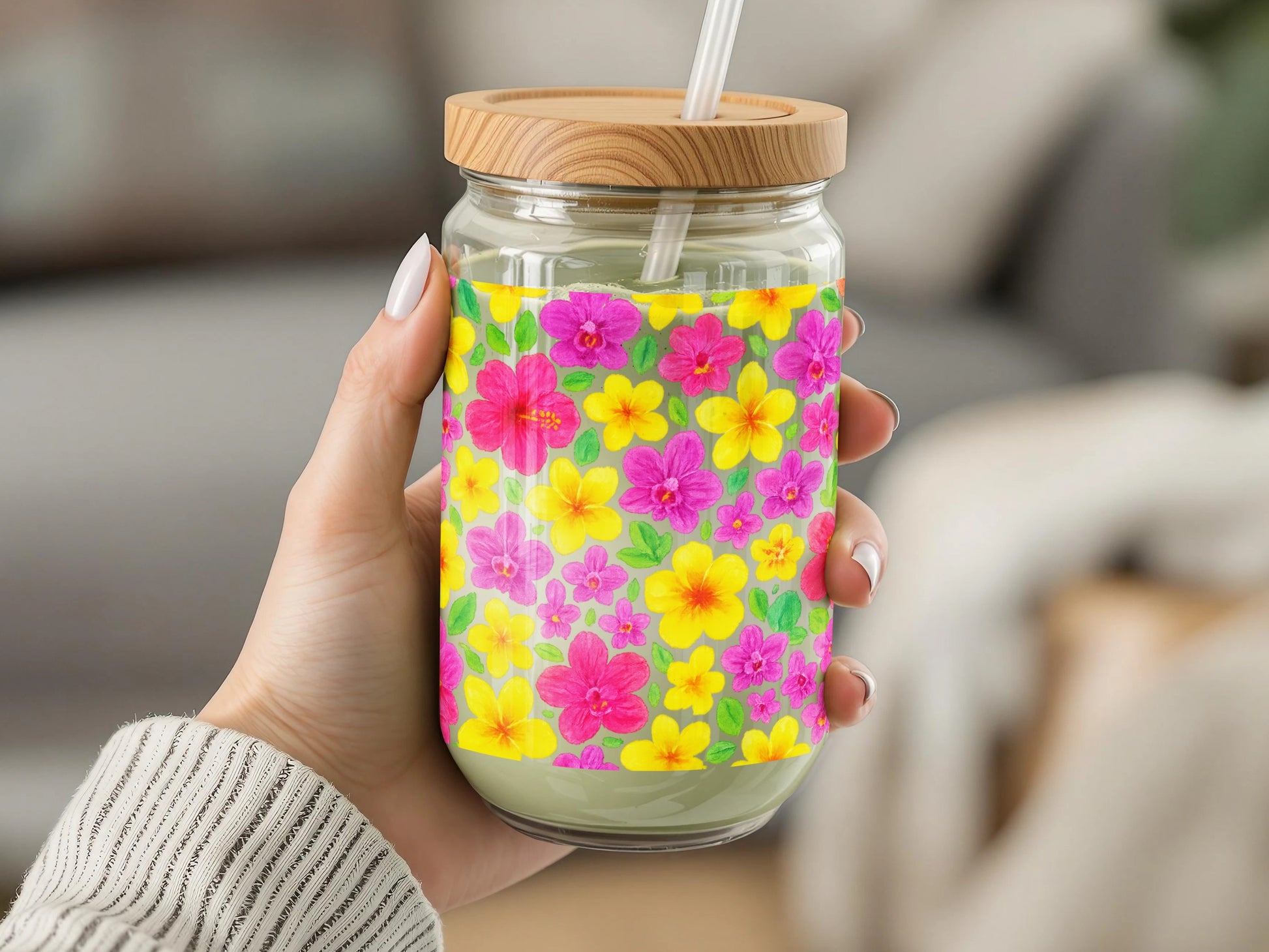 Colorful Floral Glass Jar with Bamboo Lid, Handheld Tropical Print Tumbler for Drinks and Smoothies