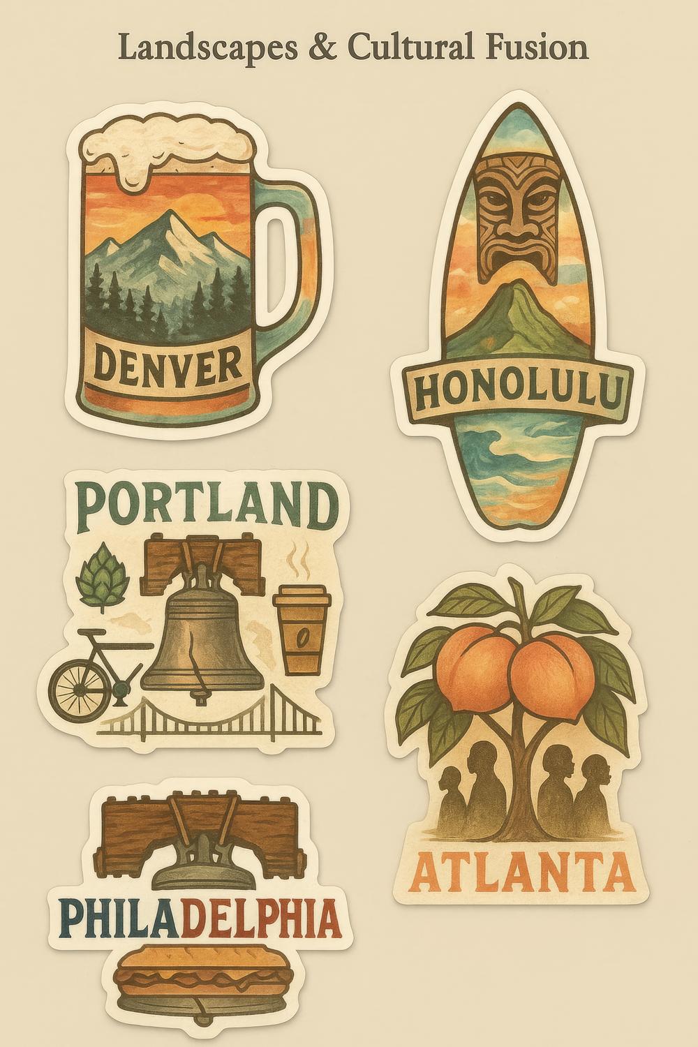 Vintage Travel Sticker Set, Denver, Honolulu, Portland, Atlanta, Philadelphia, Cultural and Nature Designs