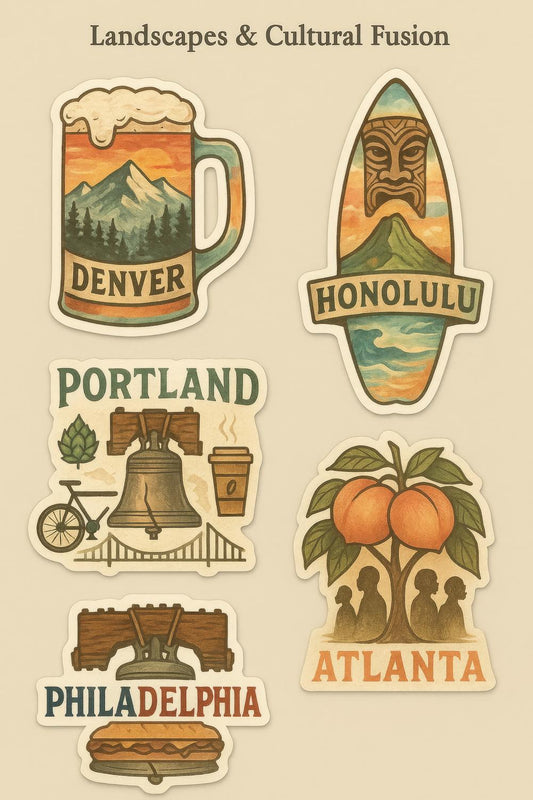 Vintage Travel Sticker Set, Denver, Honolulu, Portland, Atlanta, Philadelphia, Cultural and Nature Designs