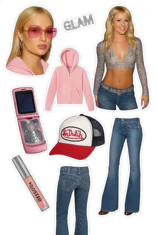 Y2K Fashion Stickers Set, Pink Hoodie, Retro Flip Phone, Von Dutch Hat, 2000s Style Jeans and Top