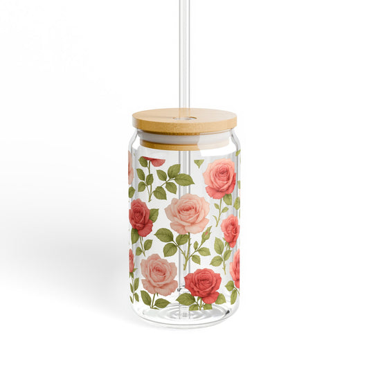 Floral Pattern Glass Jar with Bamboo Lid, Elegant Storage Container, Rose Print Kitchen Decor