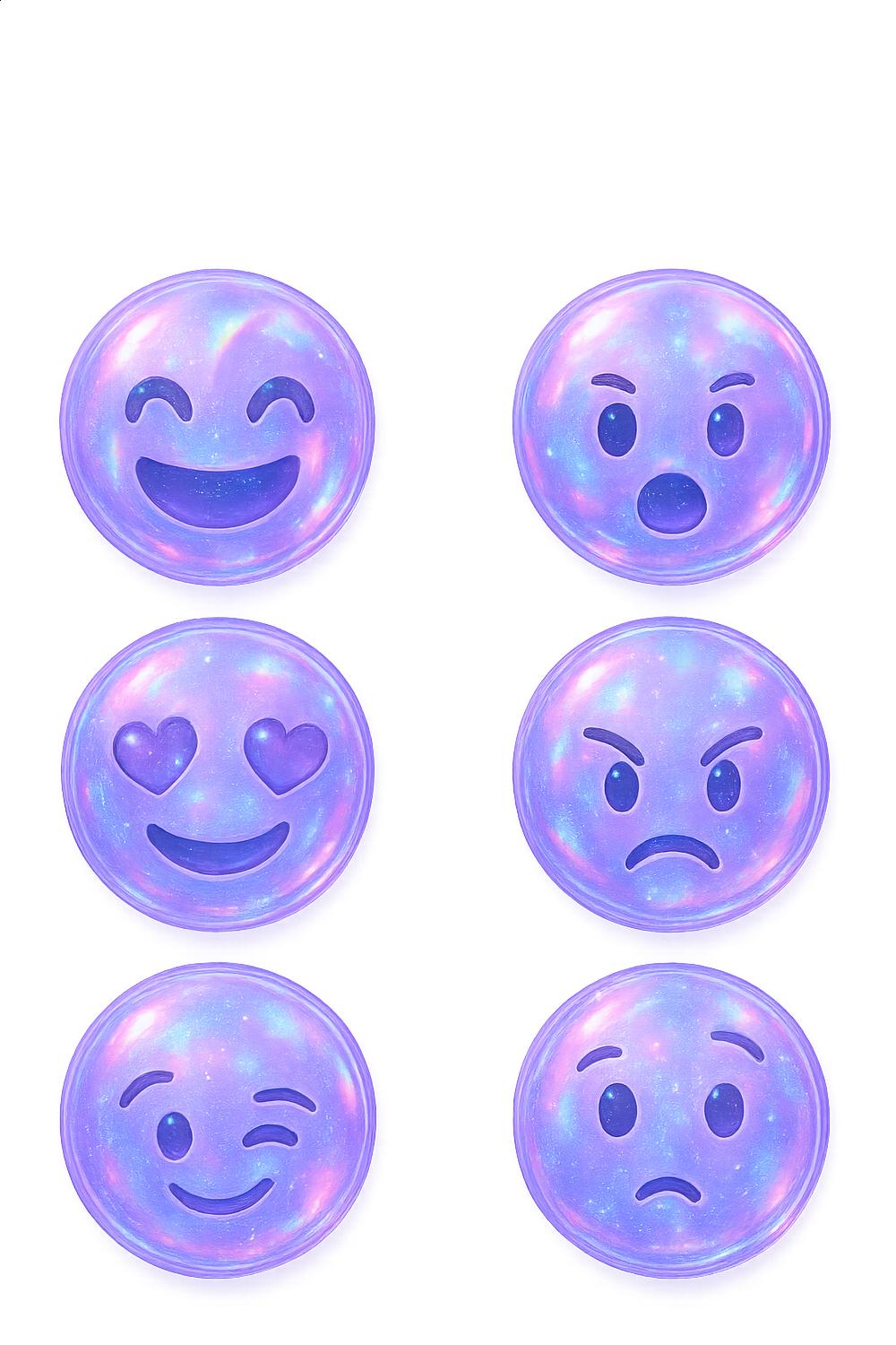Set of 6 Holographic Emoji Magnets, Purple Smiley Face Fridge Magnets, Cute Office Decor, Unique Gift Idea for Emoji Lovers