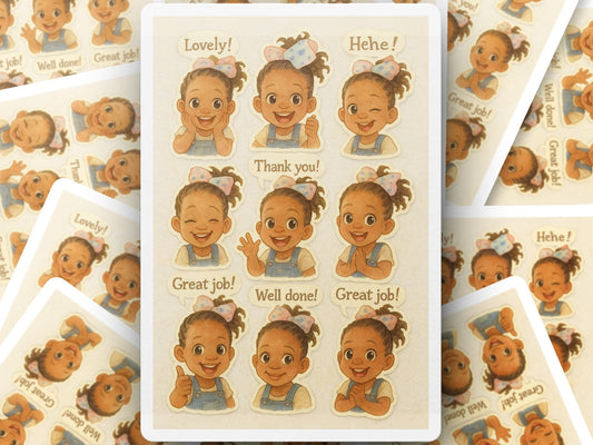 Cute Girl Sticker Sheet, Assorted Expressions, Thank You, Great Job, Lovely, Kids Reward Stickers, Positive Affirmation, Scrapbooking