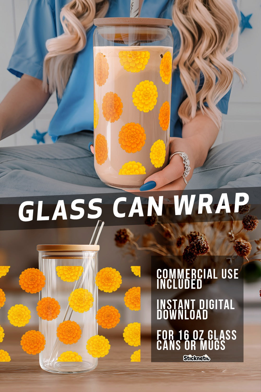 Colorful Flower Glass Can Wrap, 16 oz Mug Decal, Digital Download, DIY Vinyl Sticker, Commercial Use, Instant Access