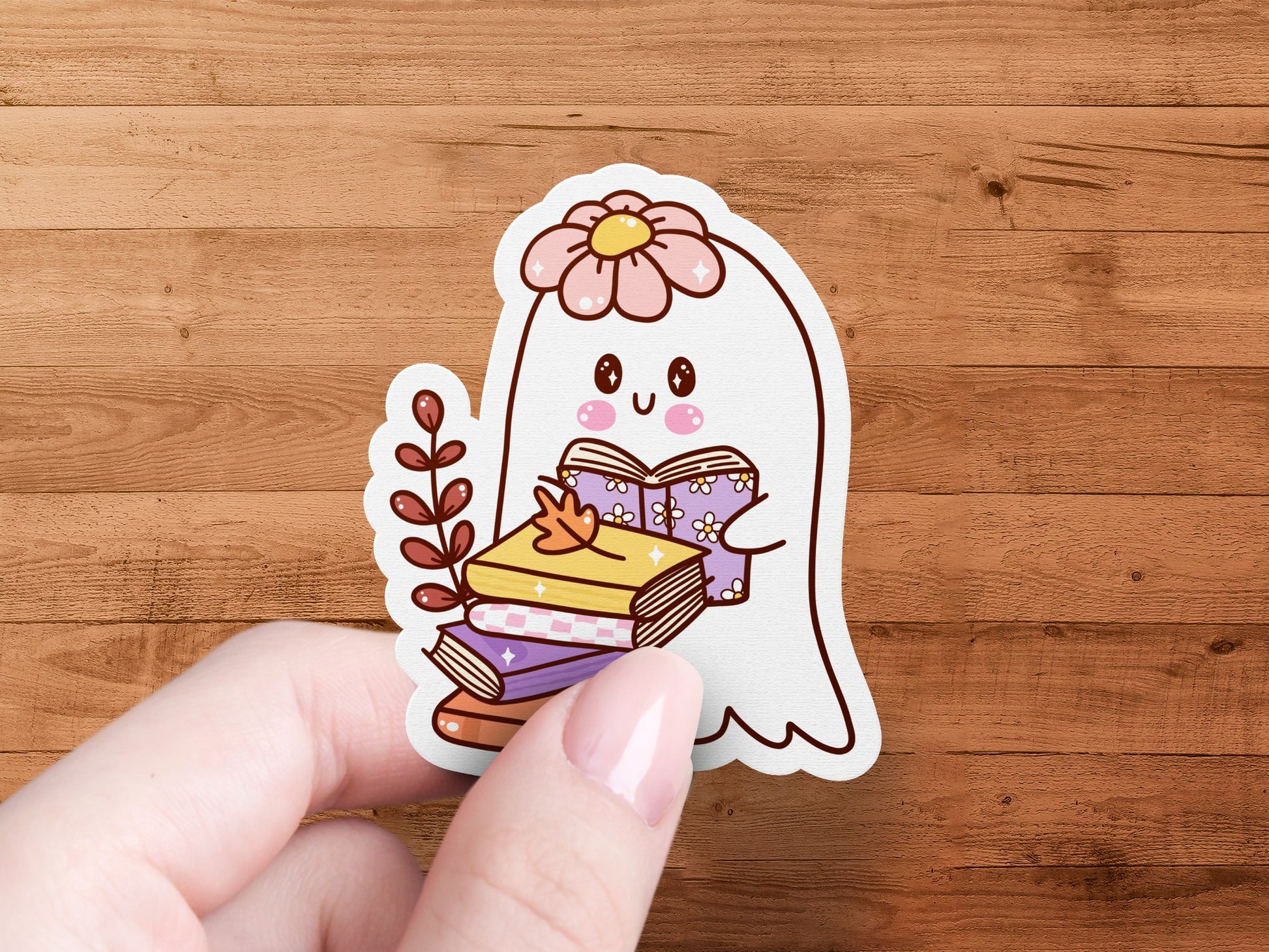 Cute Ghost Reading Sticker with Stack of Books product type