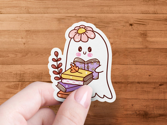 Cute Ghost Reading Sticker with Stack of Books product type