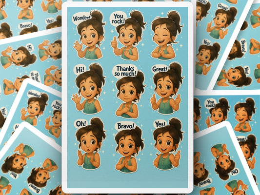 Cartoon Girl Stickers, Cute Expression Labels, Thank You, Bravo, Great, Vinyl Sticker Sheet for Kids