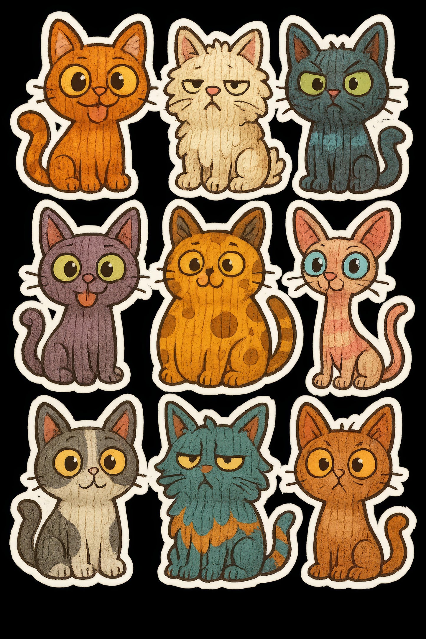 Cute Cat Stickers, Hand Drawn Kitty Decals, Colorful Cartoon Cat Collection for Scrapbooking and Crafting