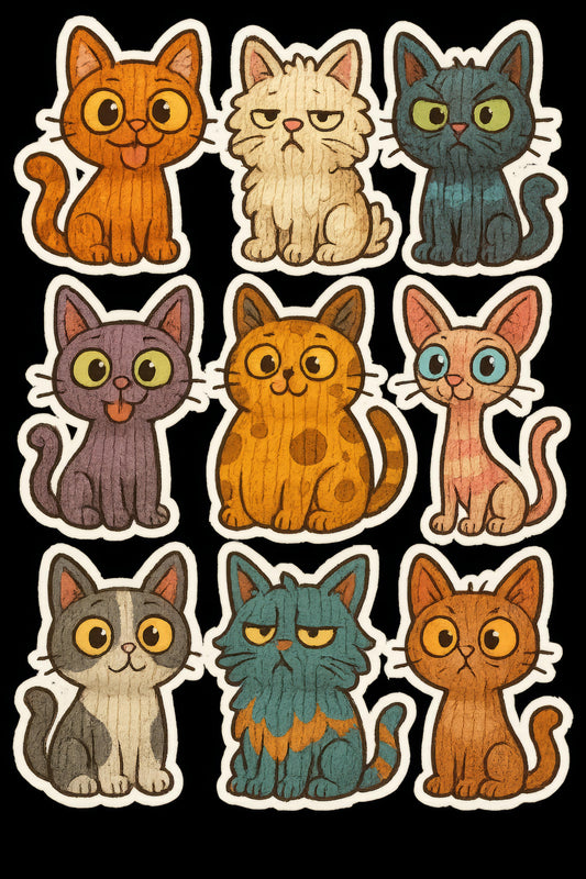 Cute Cat Stickers, Hand Drawn Kitty Decals, Colorful Cartoon Cat Collection for Scrapbooking and Crafting