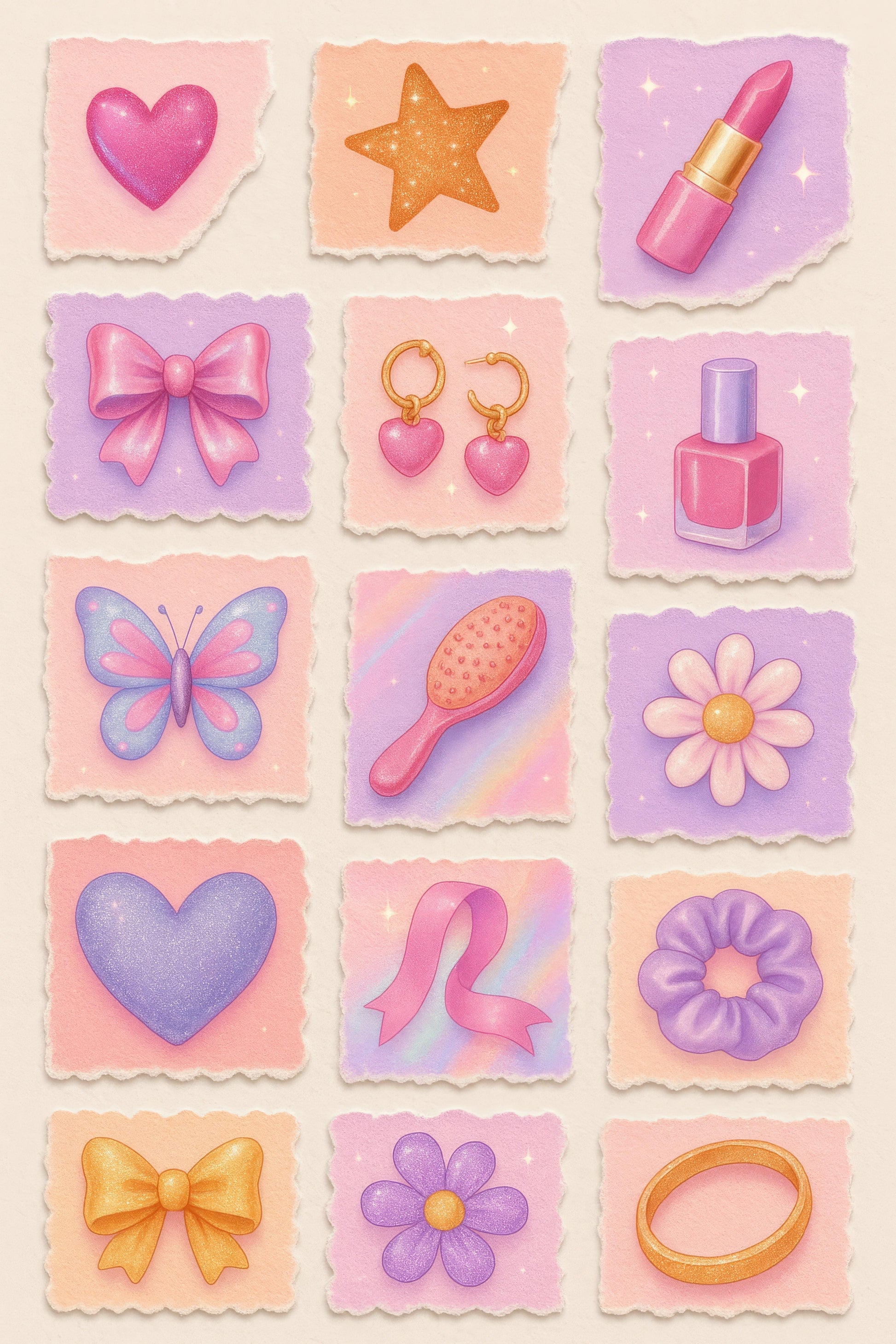 Vintage Pastel Stickers, Heart Star Bow Butterfly, Lipstick Nail Polish, Feminine Scrapbook Supplies, Cute Planner Accessories