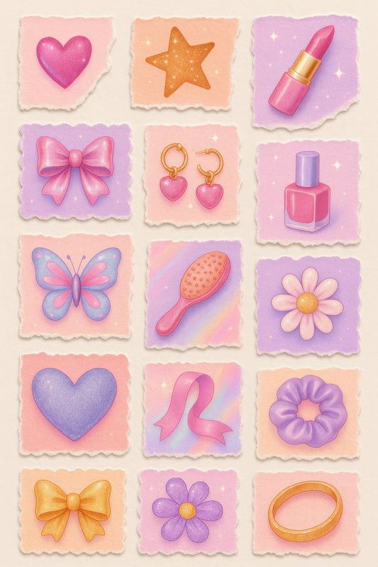 Vintage Pastel Stickers, Heart Star Bow Butterfly, Lipstick Nail Polish, Feminine Scrapbook Supplies, Cute Planner Accessories