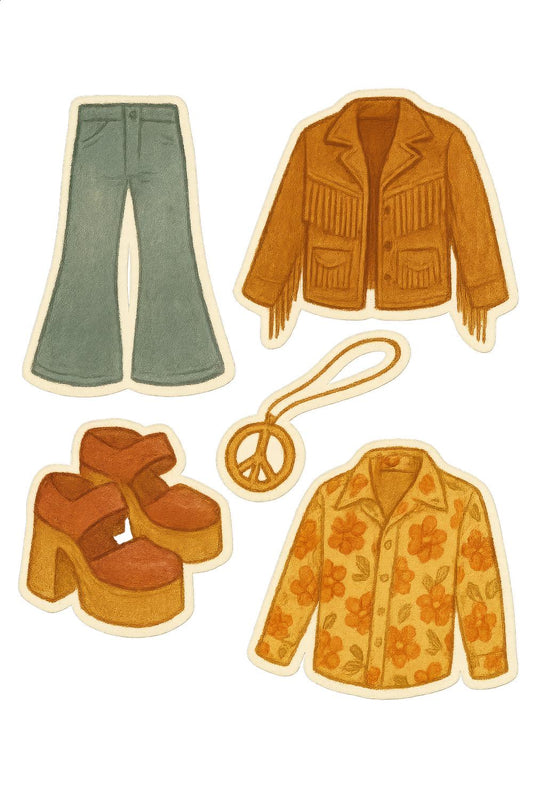 Vintage 70s Fashion Sticker Pack, Retro Flare Jeans, Platform Shoes, Floral Shirt, Suede Jacket