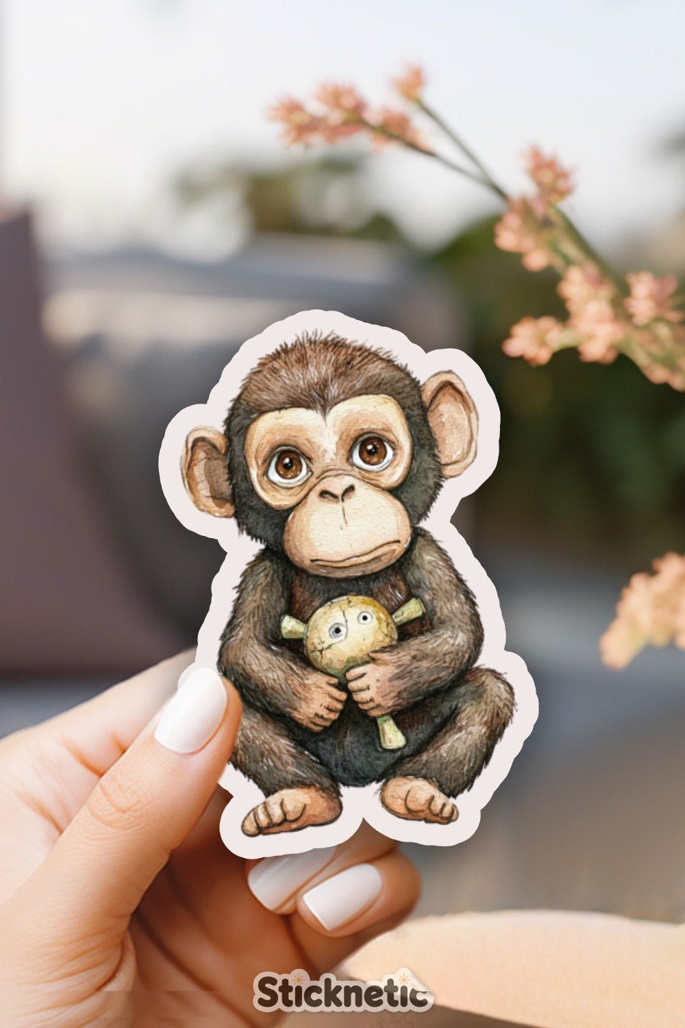 Adorable Monkey Sticker Holding Small Plush Toy product