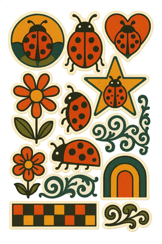 Colorful Ladybug and Flower Stickers, Vintage Style Decorative Decal Set, Cute Scrapbooking Accessories