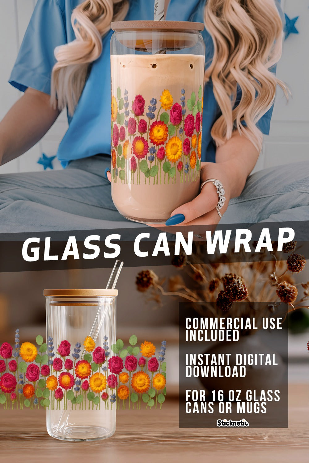 Glass Can Floral Wrap Digital File, Colorful Flowers Sticker, 16 oz Mug Decal, Instant Download
