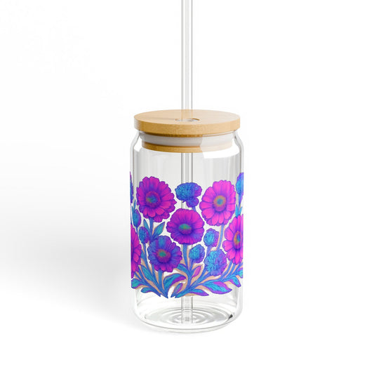 Floral Glass Diffuser Bottle, Vibrant Purple Flowers, Decorative Aromatherapy Container