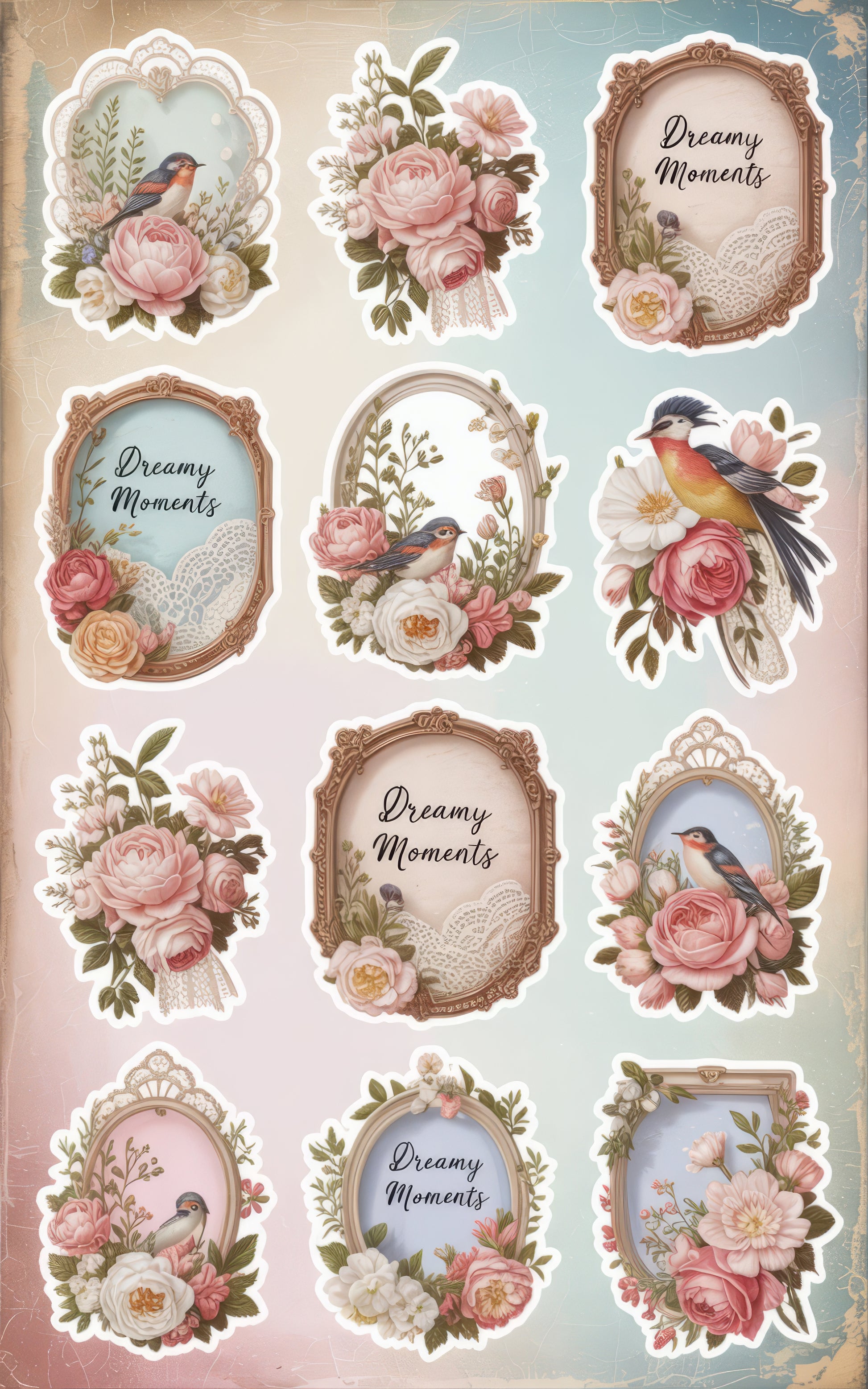 Vintage Floral and Bird Stickers, Dreamy Moments, Romantic Scrapbook Decals, Shabby Chic Decor, Set of Nine, Watercolor Illustrations