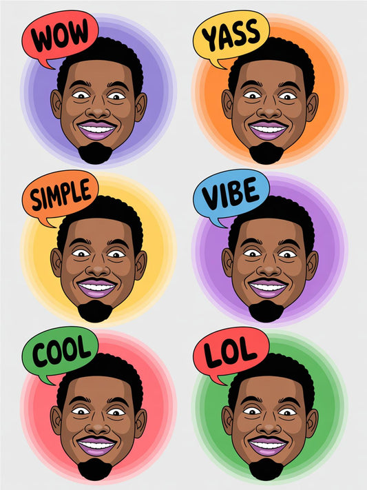 Animated Face Expression Stickers, Fun Cartoon Portraits, Colorful Expressive Decals, Cool Vibe Wow Lol Simple Yass