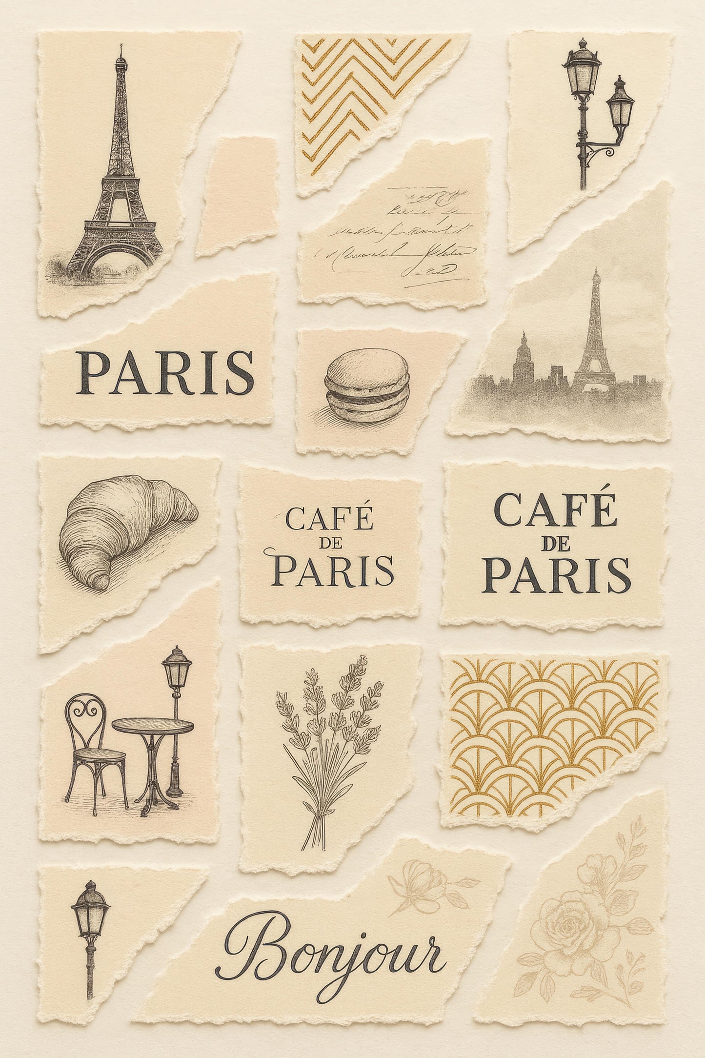 Vintage Paris Themed Art Print, Eiffel Tower, Café de Paris, French Macaron, Travel Collage Wall Decor