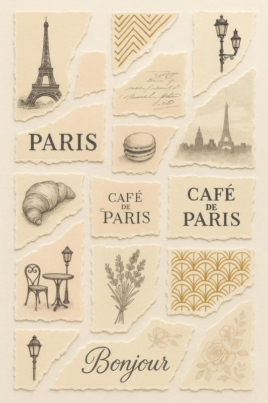 Vintage Paris Themed Art Print, Eiffel Tower, Café de Paris, French Macaron, Travel Collage Wall Decor