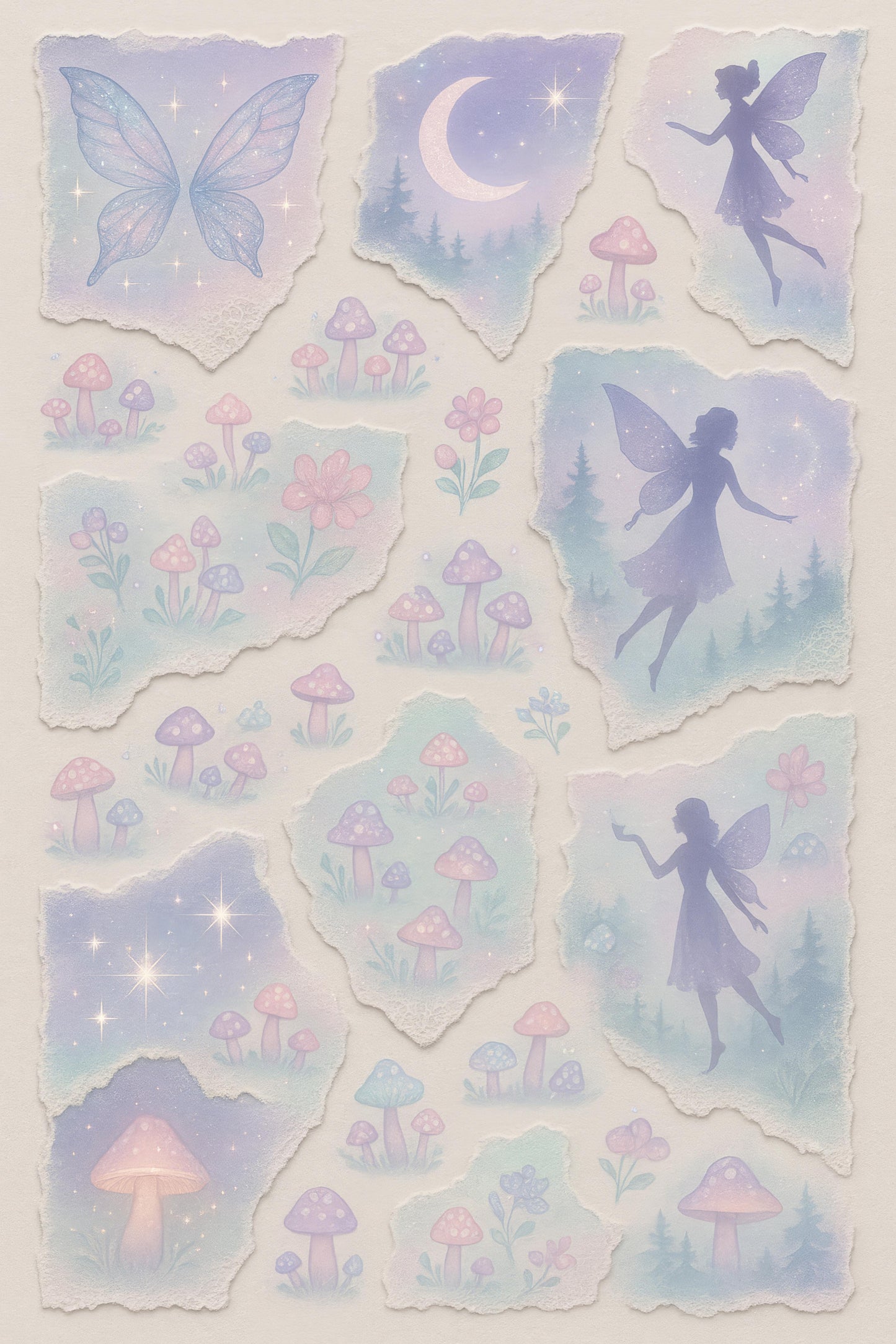 Fairy and Mushrooms Wall Art, Moonlit Forest, Enchanted Night Scene with Sparkles, Magical Fantasy Decor Prints for Nursery