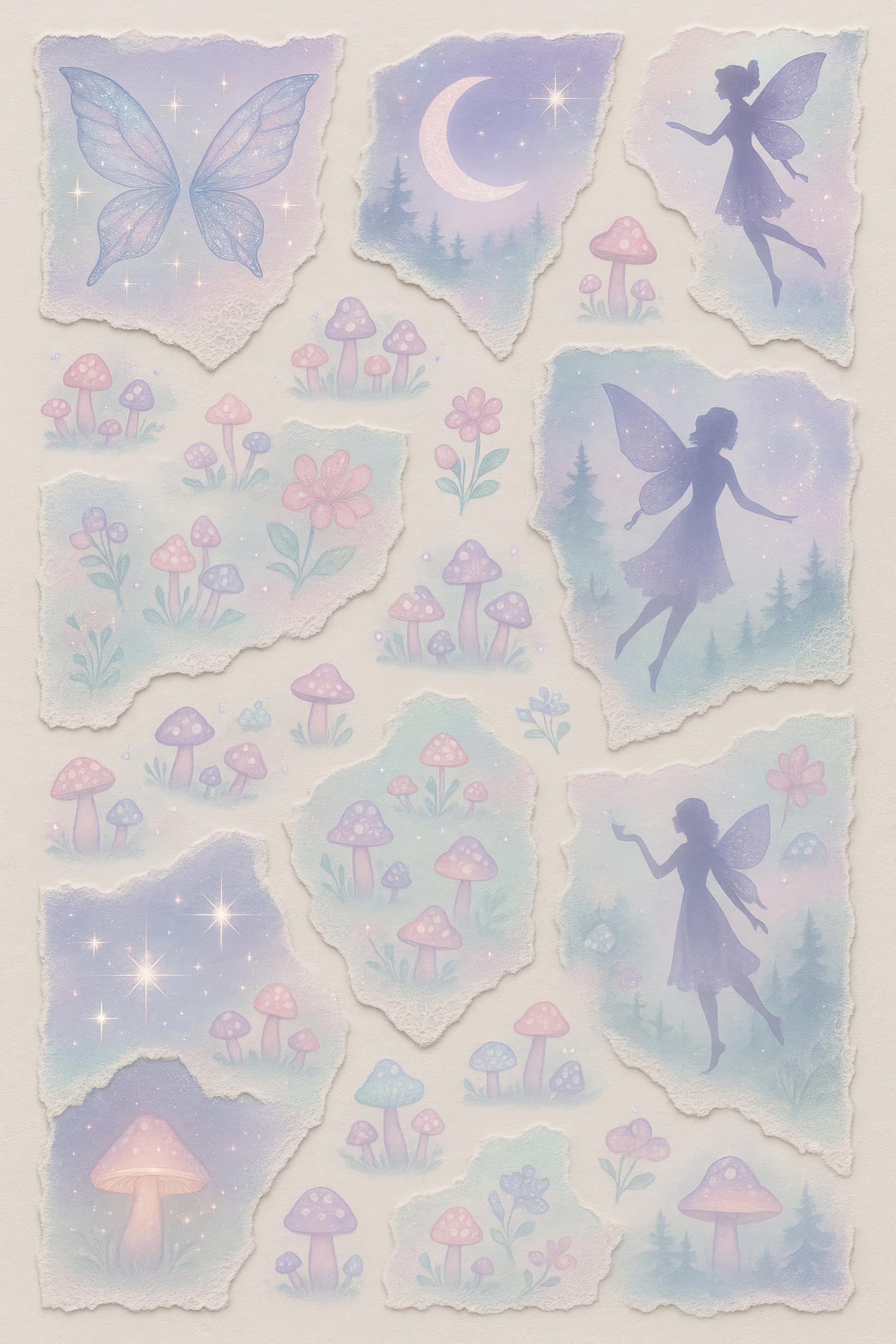 Fairy and Mushrooms Wall Art, Moonlit Forest, Enchanted Night Scene with Sparkles, Magical Fantasy Decor Prints for Nursery