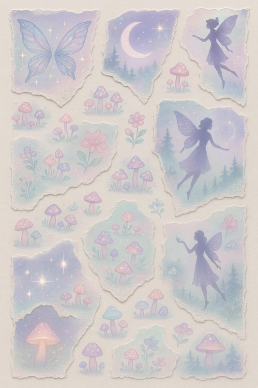 Fairy and Mushrooms Wall Art, Moonlit Forest, Enchanted Night Scene with Sparkles, Magical Fantasy Decor Prints for Nursery