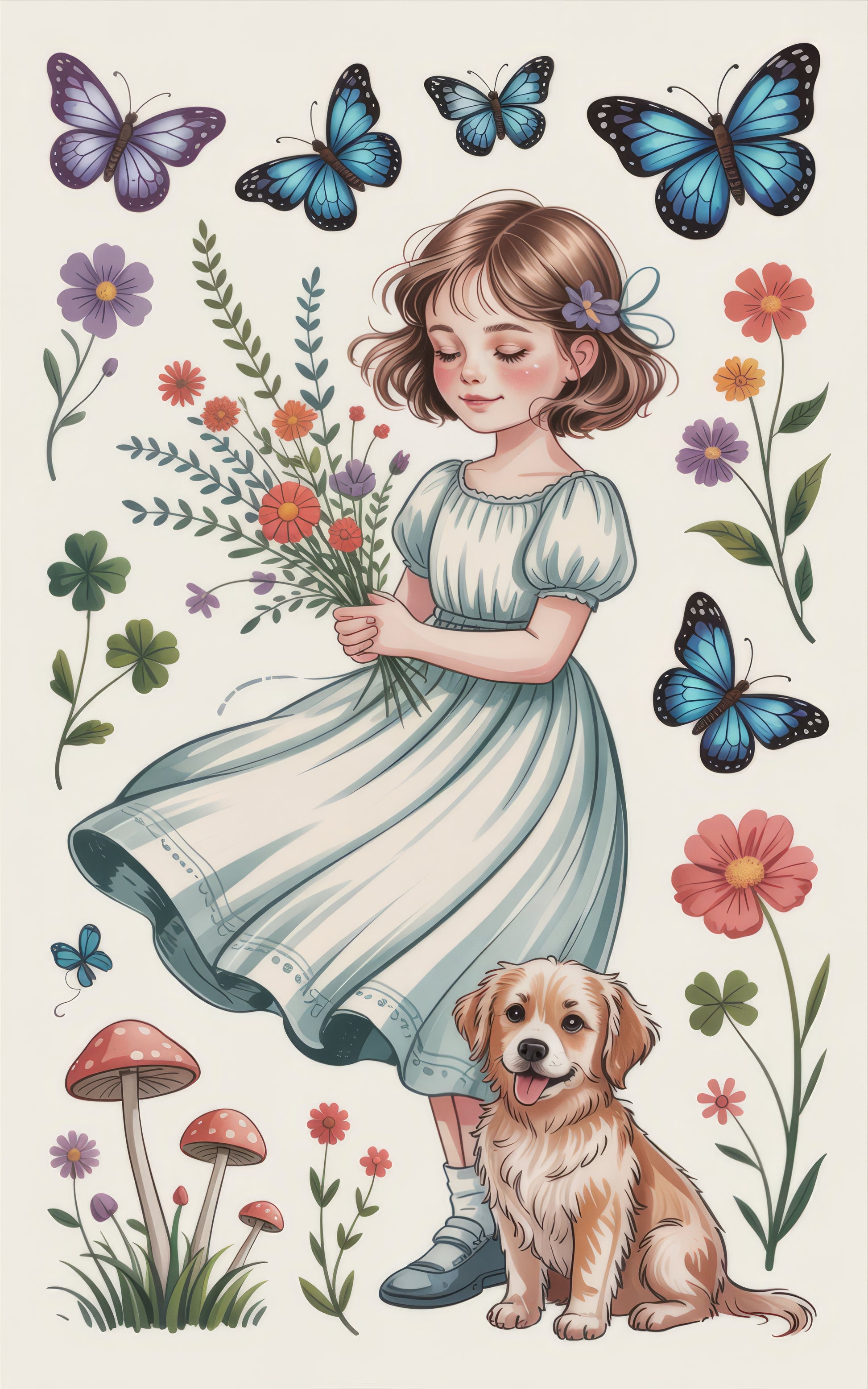 Vintage Style Girl and Dog Illustration, Colorful Butterflies Art Print, Floral Nursery Wall Decor, Whimsical Garden Poster