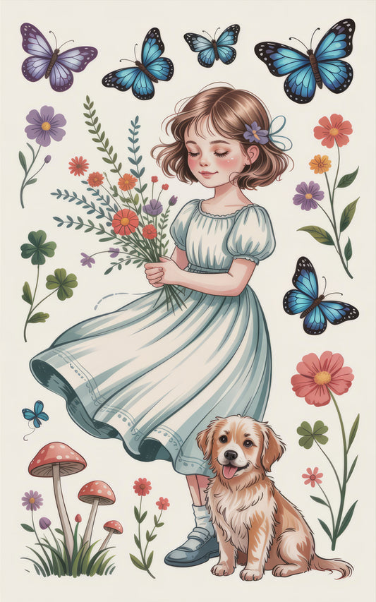 Vintage Style Girl and Dog Illustration, Colorful Butterflies Art Print, Floral Nursery Wall Decor, Whimsical Garden Poster