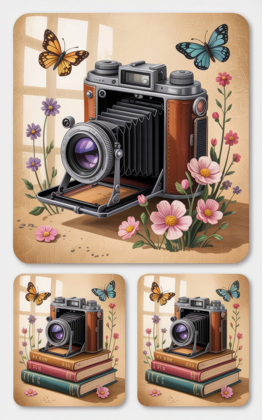 Vintage Camera Illustration with Flowers and Butterflies Art Print, Wall Decor, Photography Enthusiast Gift Idea