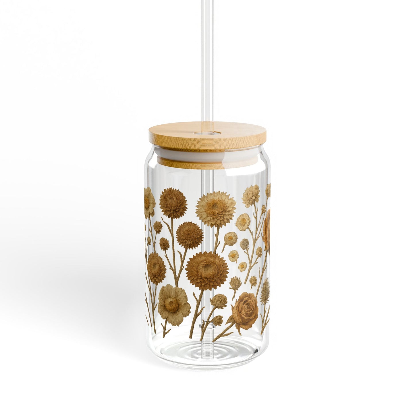 Floral Glass Jar with Wooden Lid, Vintage Sunflower Print Storage Container, Elegant Kitchen Decor