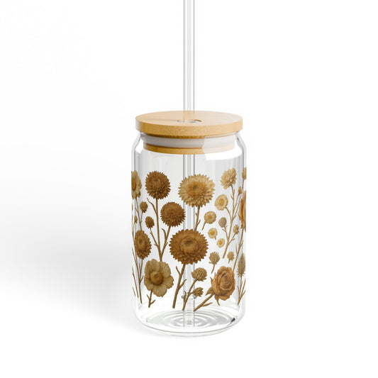 Floral Glass Jar with Wooden Lid, Vintage Sunflower Print Storage Container, Elegant Kitchen Decor