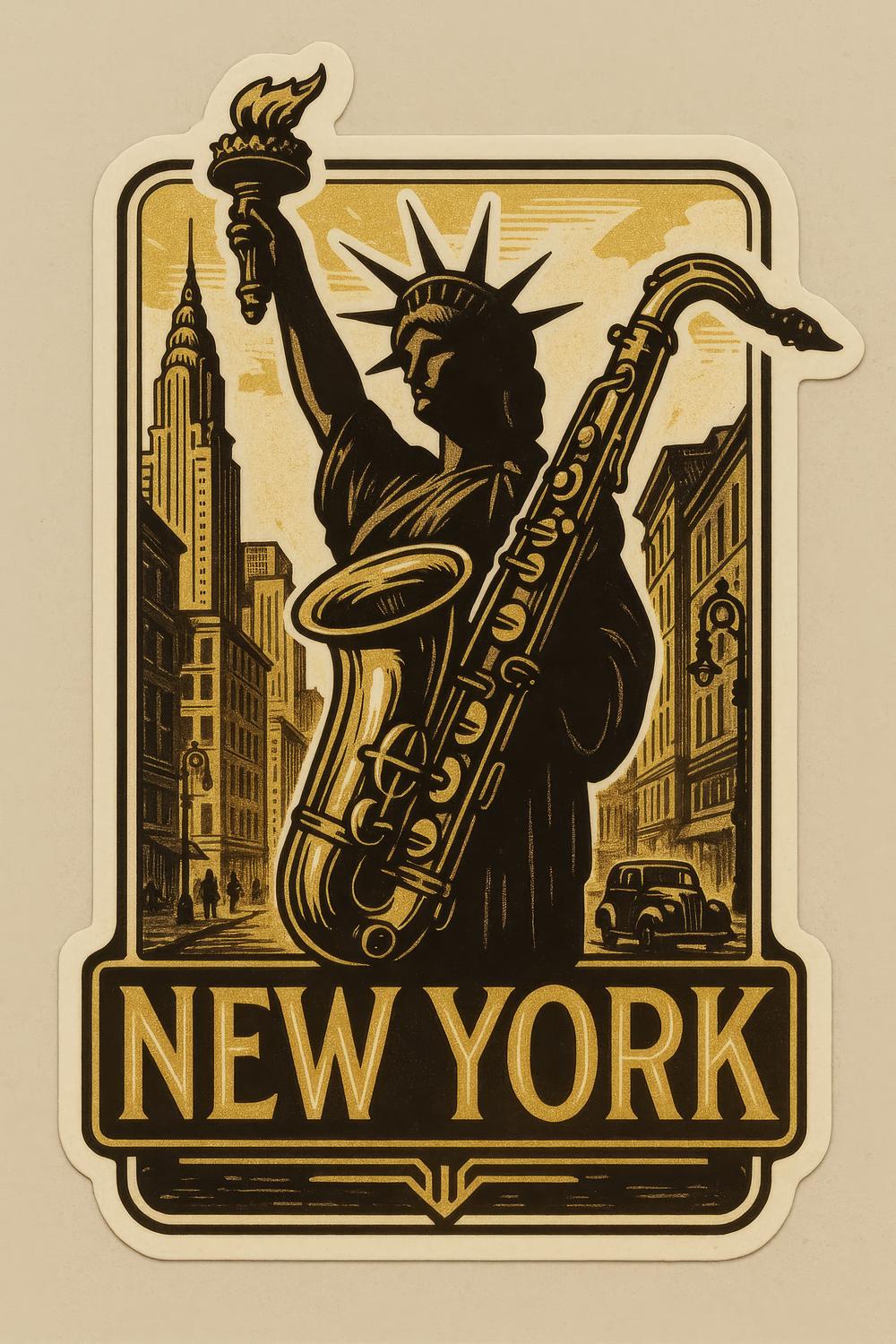 Vintage New York Poster, Statue of Liberty with Saxophone, Art Deco Style, Jazz Music Theme Wall Art, Cityscape Illustration Print