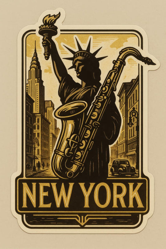 Vintage New York Poster, Statue of Liberty with Saxophone, Art Deco Style, Jazz Music Theme Wall Art, Cityscape Illustration Print