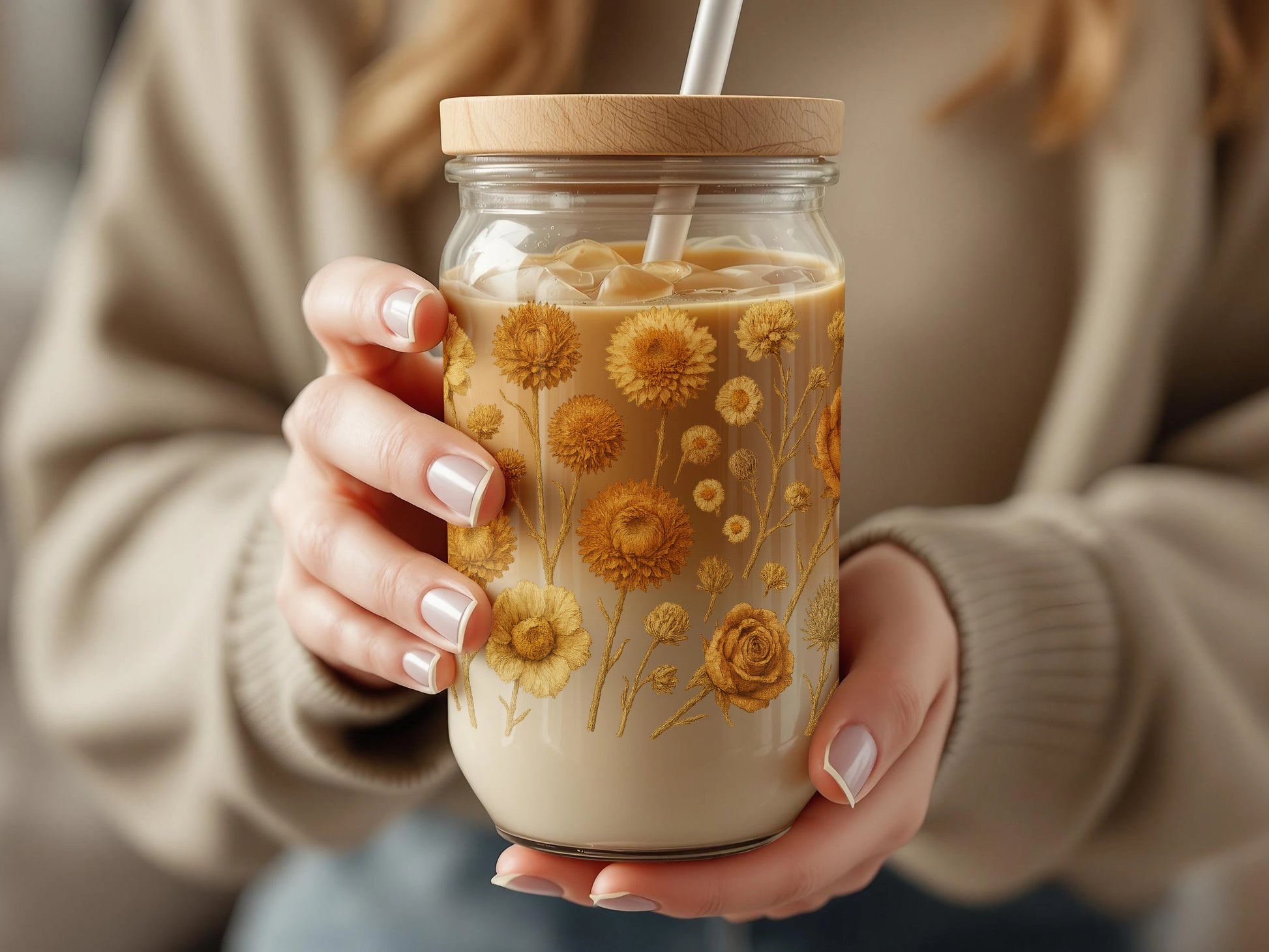 Floral Glass Mug with Sunflower and Daisy Design, Eco-friendly Reusable Coffee Cup with Straw