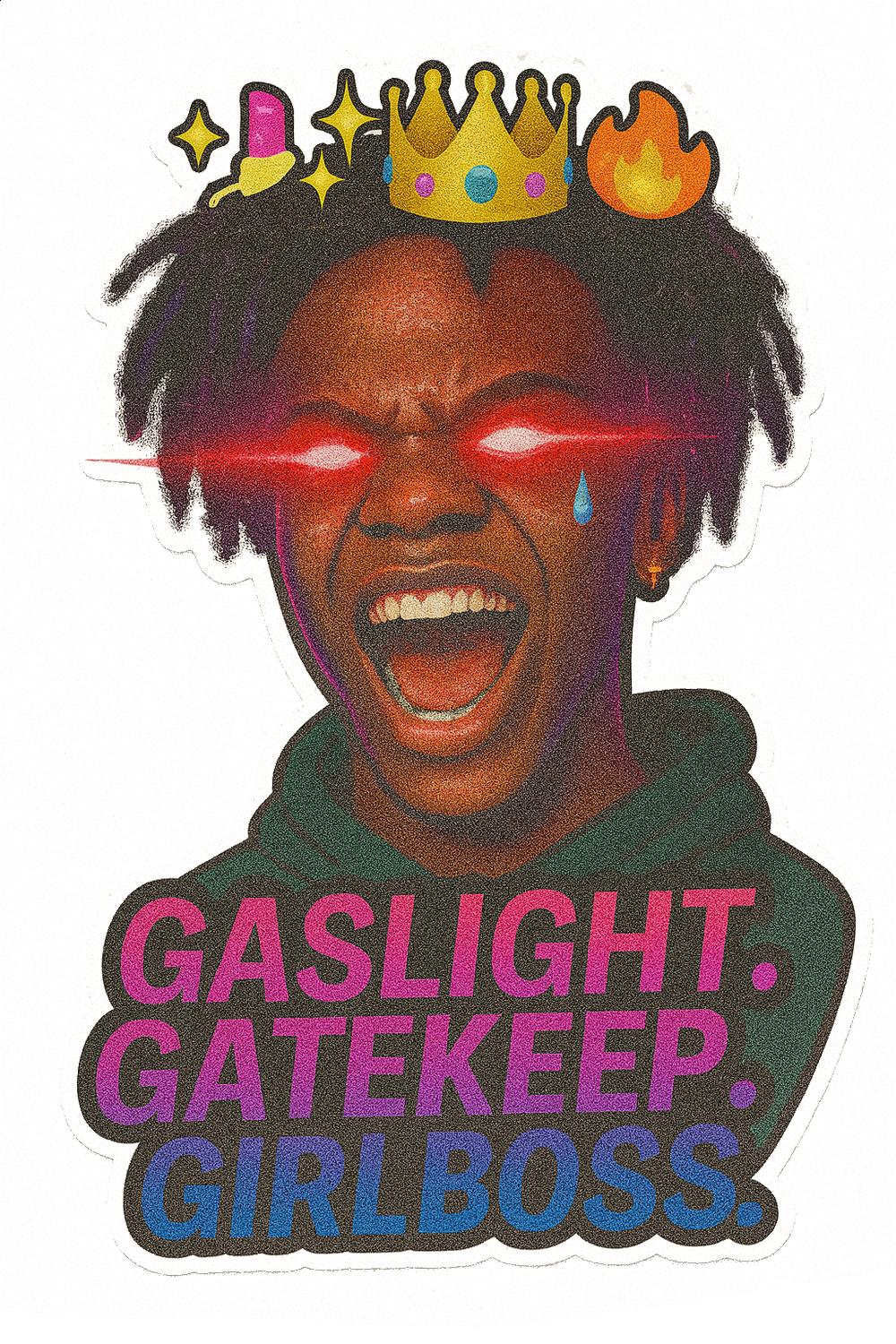 Gaslight Gatekeep Girlboss Sticker, Crown and Tears Graphic, Colorful Afro Hair, Vinyl Decal for Laptops and Journals