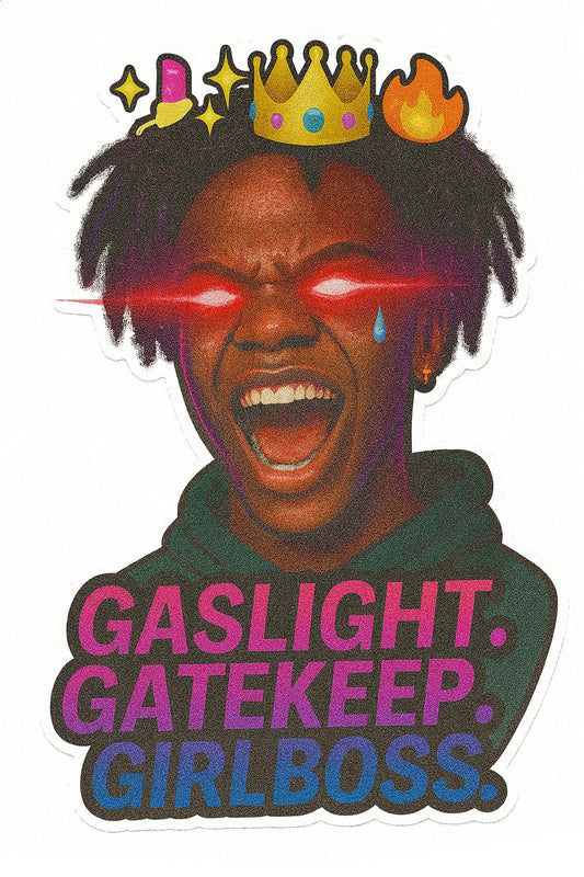 Gaslight Gatekeep Girlboss Sticker, Crown and Tears Graphic, Colorful Afro Hair, Vinyl Decal for Laptops and Journals